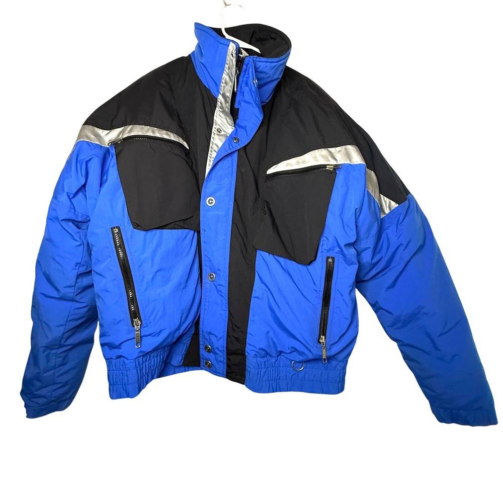 Retro Ossi Colorblock Puffer Ski Jacket Mens XL Blue Black Silver Zip Front